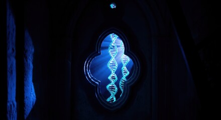 Illuminated DNA helix gothic window design in blue light