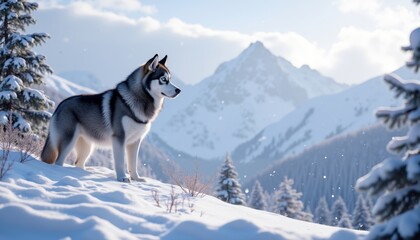 Fototapeta premium Majestic Siberian Husky Stands Proudly in Snowy Winter Mountain Landscape