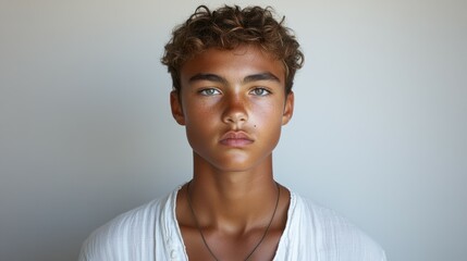 A young man with brown hair and a white shirt. He is wearing a necklace and has a tan complexion