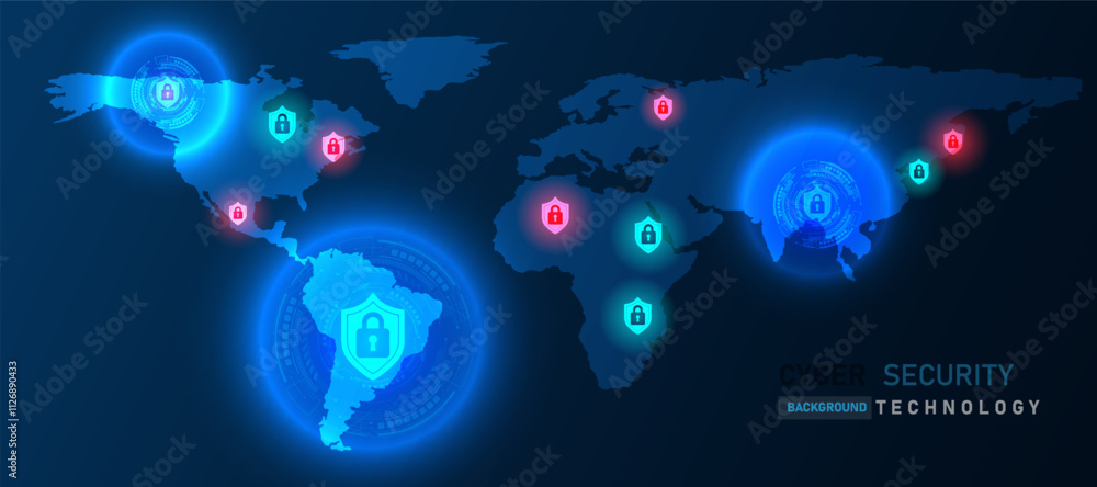 Poster globally interconnected cyber world adorned with vibrant shields symbolizing robust security systems