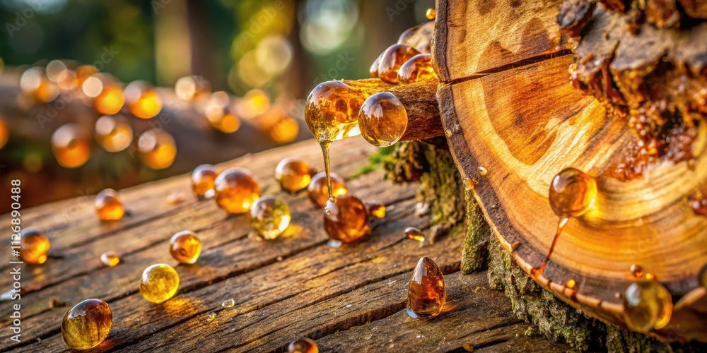 Aufkleber Golden Resin Droplets Cascading from a Tree Trunk, Creating a Striking Contrast Against the Rough Wood Grain