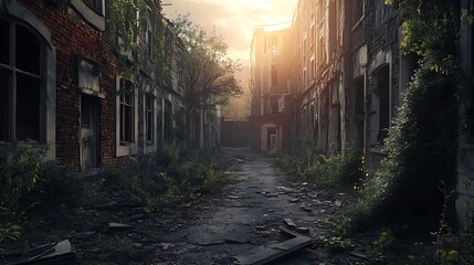 Fototapeta premium An overgrown urban pathway in a dilapidated building, illuminated by a sunset.