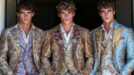 Three men in fancy suits are posing for a photo. The suits are all different colors and patterns, and the men are all smiling. Scene is lighthearted and fun, as the men are dressed up