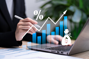 Interest rates and dividends Annual Fund Accumulation concept, Businesswomen data analysis income...