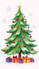 Watercolor Christmas tree red ornaments featuring sleighs  gifts hand-drawn holiday illustration in sketchy style suitable for greeting card designs