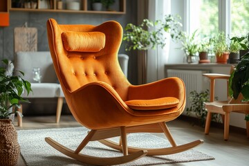 Retro-style orange velvet children's rocking chair with wooden legs and armrests, placed in living...