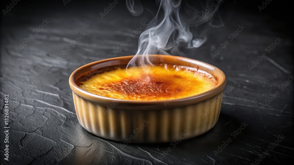 Poster freshly baked custard with a caramelized crust, emitting a wisp of steam, ready to be enjoyed.