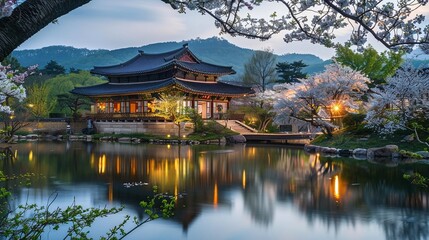 Fototapeta premium Serene traditional Asian garden with blooming trees, calm water, and golden sunlight.