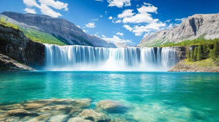 A stunning waterfall cascading into a clear turquoise lake surrounded by mountains and greenery.