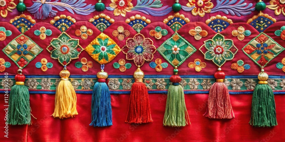 Poster A vibrant tapestry of richly embroidered flowers and geometric patterns adorned with cascading tassels, creating a visual symphony of color and texture.