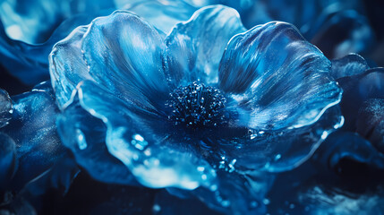 Abstract blue metallic flower with iridescent texture. Opalescent. Illustration