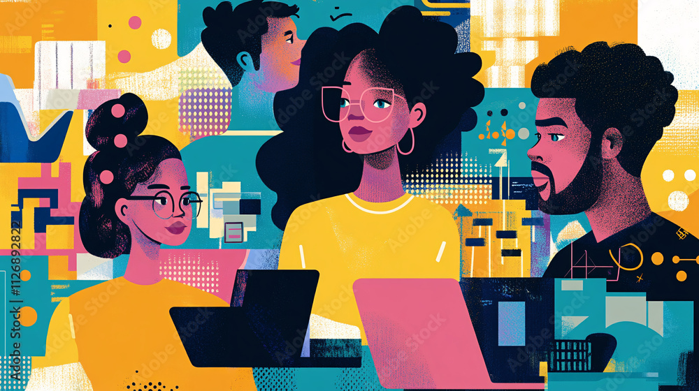 Poster illustration of a multicultural team working on a project, with people from different backgrounds co