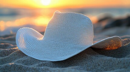 A white sun hat rests on sandy beach with a beautiful sunset in the background, creating a serene and tranquil atmosphere.