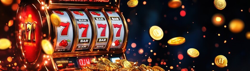 A vibrant slot machine with spinning reels displays sevens and coins flying, symbolizing excitement and potential winnings in gambling.
