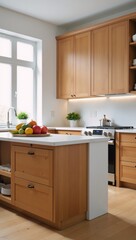 Fototapeta premium High-resolution detailed kitchen mockup featuring vibrant wooden home with cabinets and island