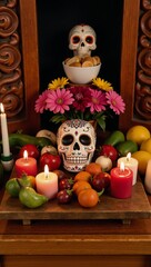 A Mexican-themed altar display featuring sugar skull lit candles and traditional foods