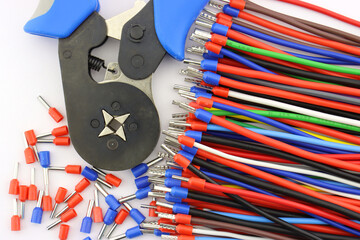 Electrical installation tools and materials for the assembly of electrical equipment. Soft focus....