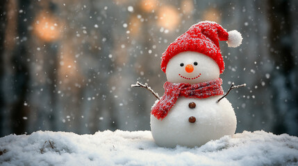 Fototapeta premium Cheerful Snowman with Red Hat and Scarf in Falling Snow