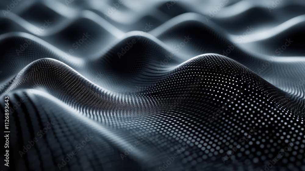Poster a close-up view of textured, wavy patterns in dark tones, resembling digital terrain or abstract wav