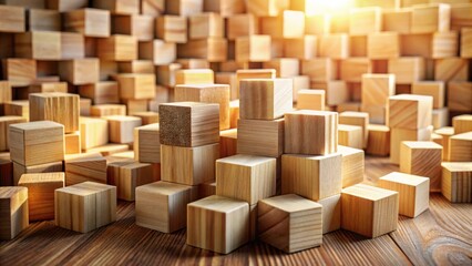 Fototapeta premium A close-up of a pile of wooden blocks, some arranged in a staggered formation, with sunlight casting warm shadows on the surface