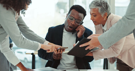 Multitasking, chaos and businessman in office with people for juggling tasks with deadline. Technology, documents and African male manager on phone call for deal negotiation with busy workload.