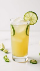 A watercolor hand-drawn illustration of a summery spicy lime margarita with salt ice and jalapeo served in a short glass ideal for an alcoholic beverage