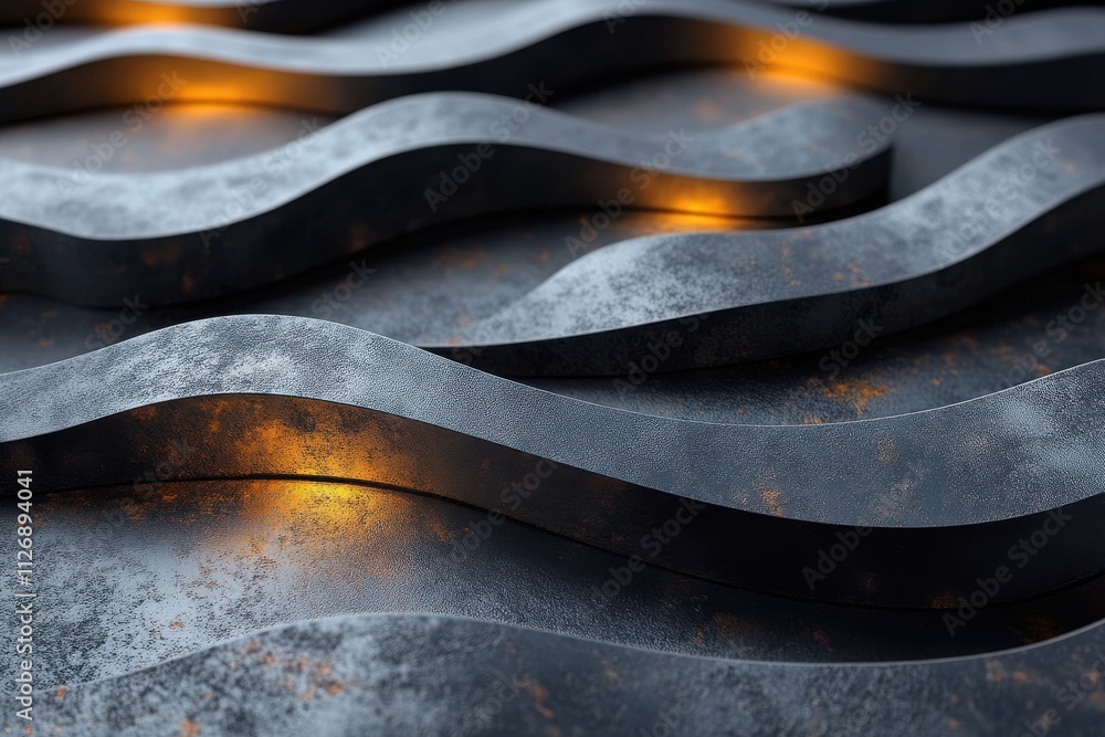 Poster a textured metallic surface with flowing, wavy lines illuminated by warm lighting, creating an abstr