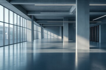 A spacious, modern interior with large windows and concrete pillars, featuring natural light and a minimalist design.
