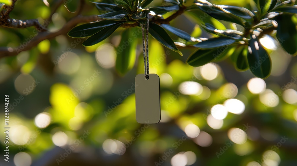 Poster blank tag hanging on green leaves in a natural setting with soft bokeh background for labeling and d