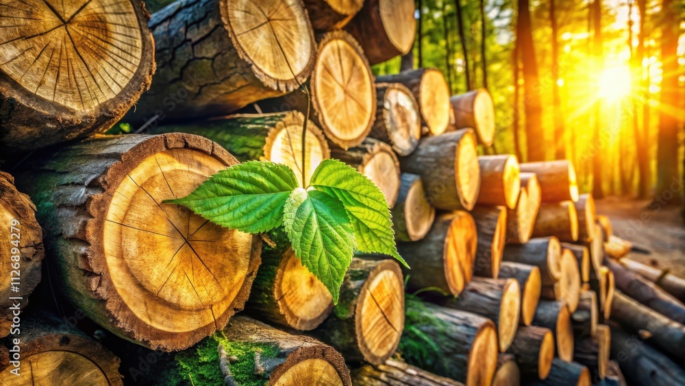 Poster A Stack of Tree Logs in the Forest, A Single Green Leaf Grows from the Center of the Stack, Sunlight Filtering Through the Trees