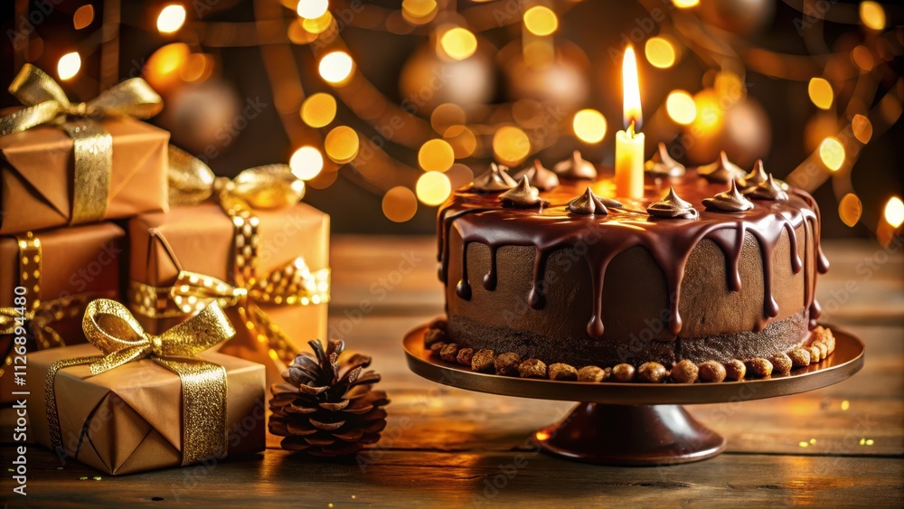 Poster a chocolate cake with a single candle lit sits on a cake stand surrounded by wrapped presents and a 