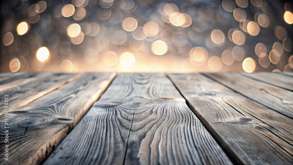 Poster rustic wooden tabletop with bokeh background, ideal for product display and festive presentations