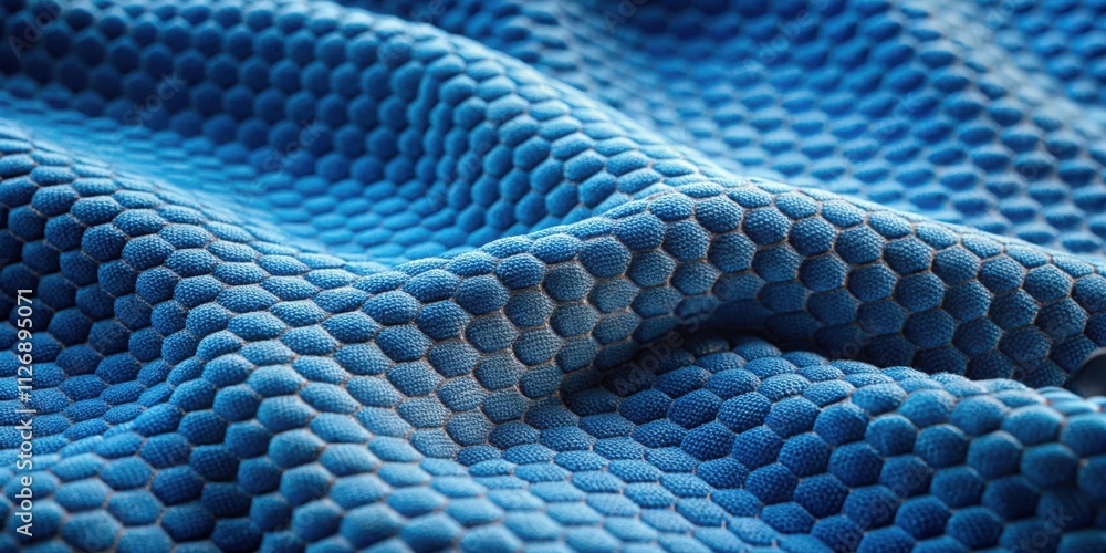 Poster a textured blue fabric with a hexagonal pattern, resembling a honeycomb structure, creates a visuall
