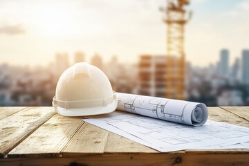 A construction helmet and rolled blueprints are placed on a wooden surface, with a city skyline and crane in the background, indicating ongoing development.