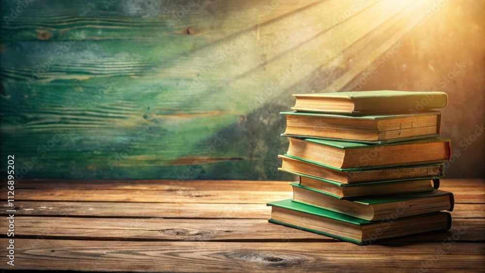 Aufkleber A stack of vintage books on a rustic wooden table with soft light shining through the window