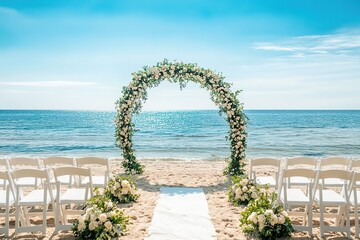 Naklejka premium scenic beach wedding setup with floral arch and white chairs facing ocean under clear skies
