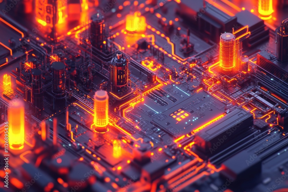 Poster a futuristic circuit board illuminated with vibrant orange and red lights, showcasing intricate conn
