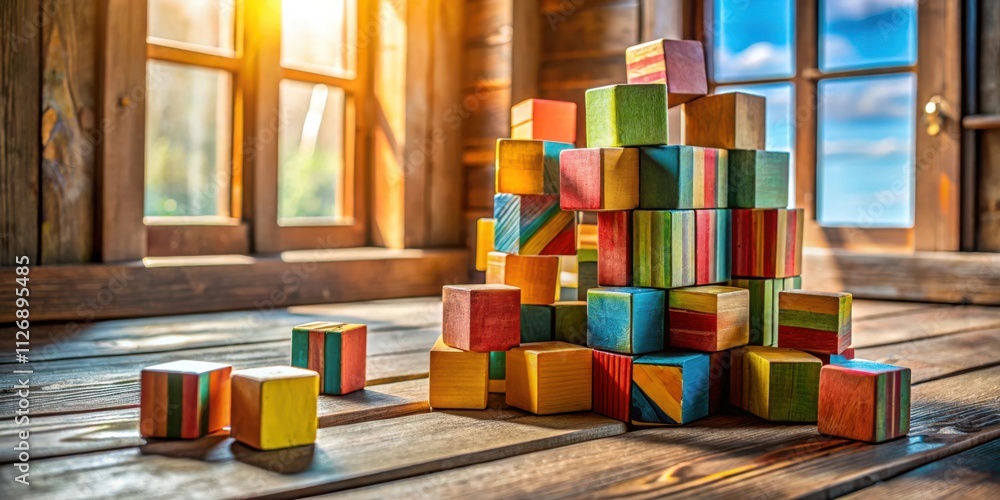 Aufkleber Colorful wooden blocks arranged in a playful structure on a rustic wooden surface, bathed in warm sunlight filtering through a window.