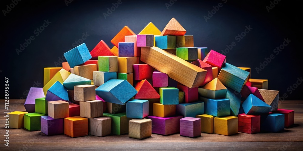 Poster A pile of colorful wooden building blocks of various shapes and sizes, arranged in a random yet visually appealing pattern, showcasing the diverse nature of creativity and imagination.