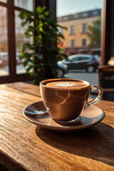 Obraz premium cup of coffee cappuccino on the wooden table with warm sunlight 