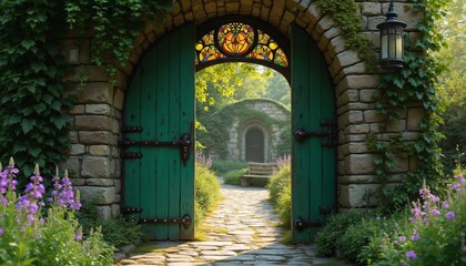 Fototapeta premium Ancient Moss-Covered Stone Archway Leading to Lush Garden