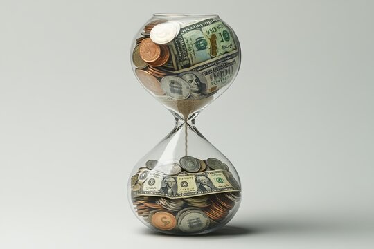 An hourglass filled with coins and dollar bills represents the concept of time and money intertwining, symbolizing the value of financial management.