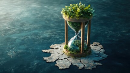 A surreal hourglass with plants symbolizes the urgency of environmental conservation on a cracked land mass surrounded by water.