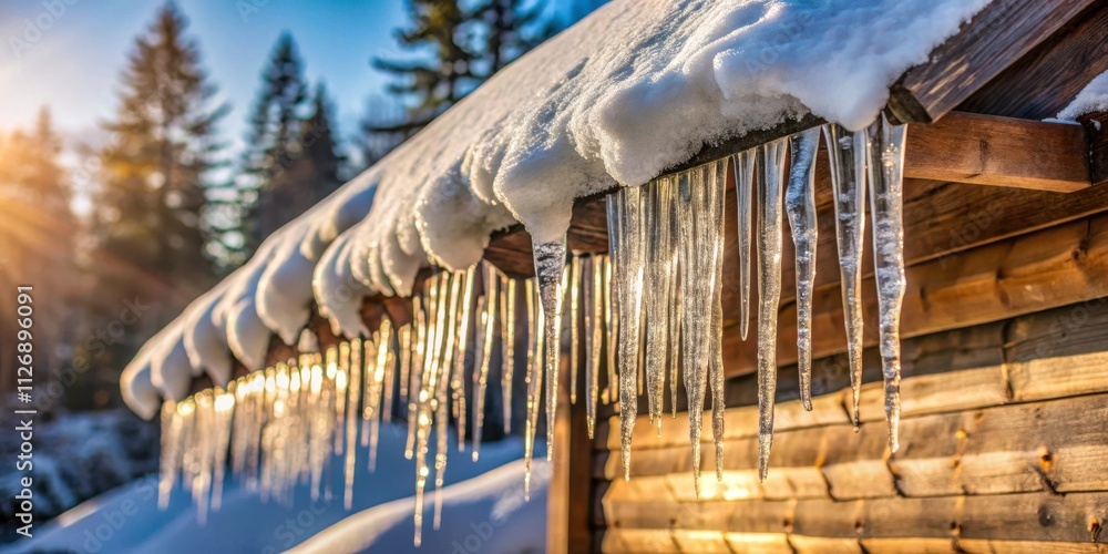 Poster a row of sparkling icicles hangs from the edge of a snow-covered roof, illuminated by the golden ray