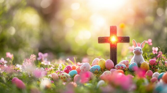 A glowing cross with the Easter Bunny and colorful eggs scattered around on a flower-filled spring day.