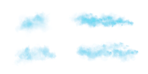 Set of realistic blue clouds. Fog and smoke isolated on transparent background. Cloud, nature sky. Weather element or drawing. Cloud texture, smoke wave, fog nature. Fluffy smoke. PNG.
