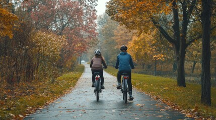 Fototapeta premium Two people cycling on a forest trail during autumn.
