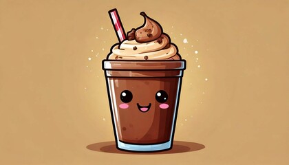 Cute Chocolate Milkshake Cartoon Vector Icon Illustration. Food And Drink Icon Concept Isolated Premium Vector. emoji kawaii. Chocolate milkshake emoji. Generative AI