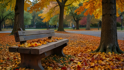 A rustic wooden bench placed in the middle of an autumn park, with a blanket of colorful leaves resting on the seat, and trees surrounding the scene displaying various shades.