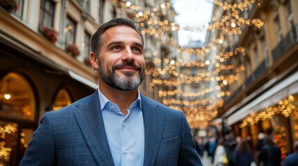 A man in a blue jacket and white shirt stands in front of a Christmas tree. He is smiling and looking up at the lights